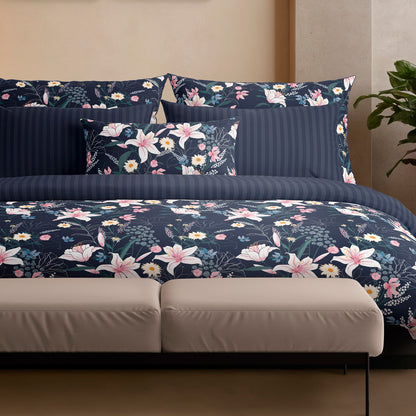 Duvet cover + pillowcase(s) cotton satin - Fleur de minuit Dark blue