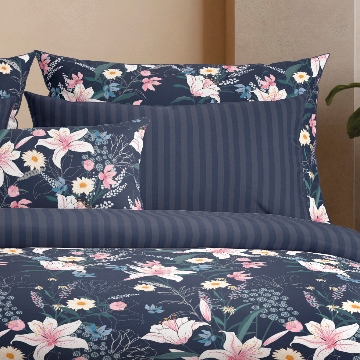 Duvet cover + pillowcase(s) cotton satin - Fleur de minuit Dark blue