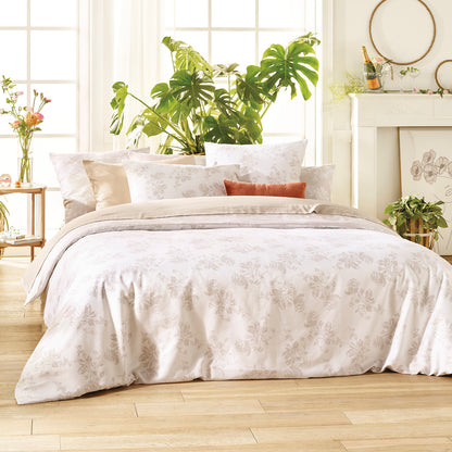 Flat sheet cotton satin - Roses White / Taupe