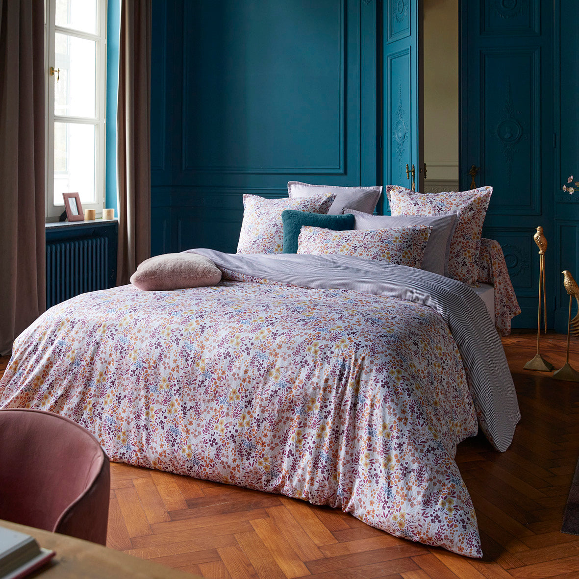 Flat sheet cotton satin - Fleurs des Champs Burgundy