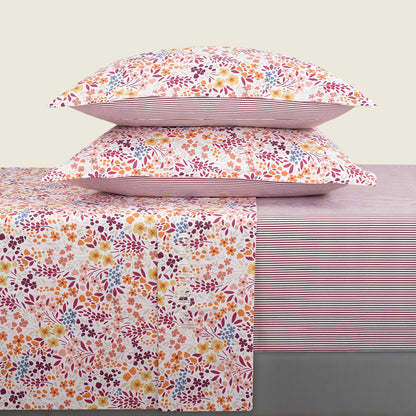 Ensemble de draps satin de coton - Fleurs des champs Bordeaux 