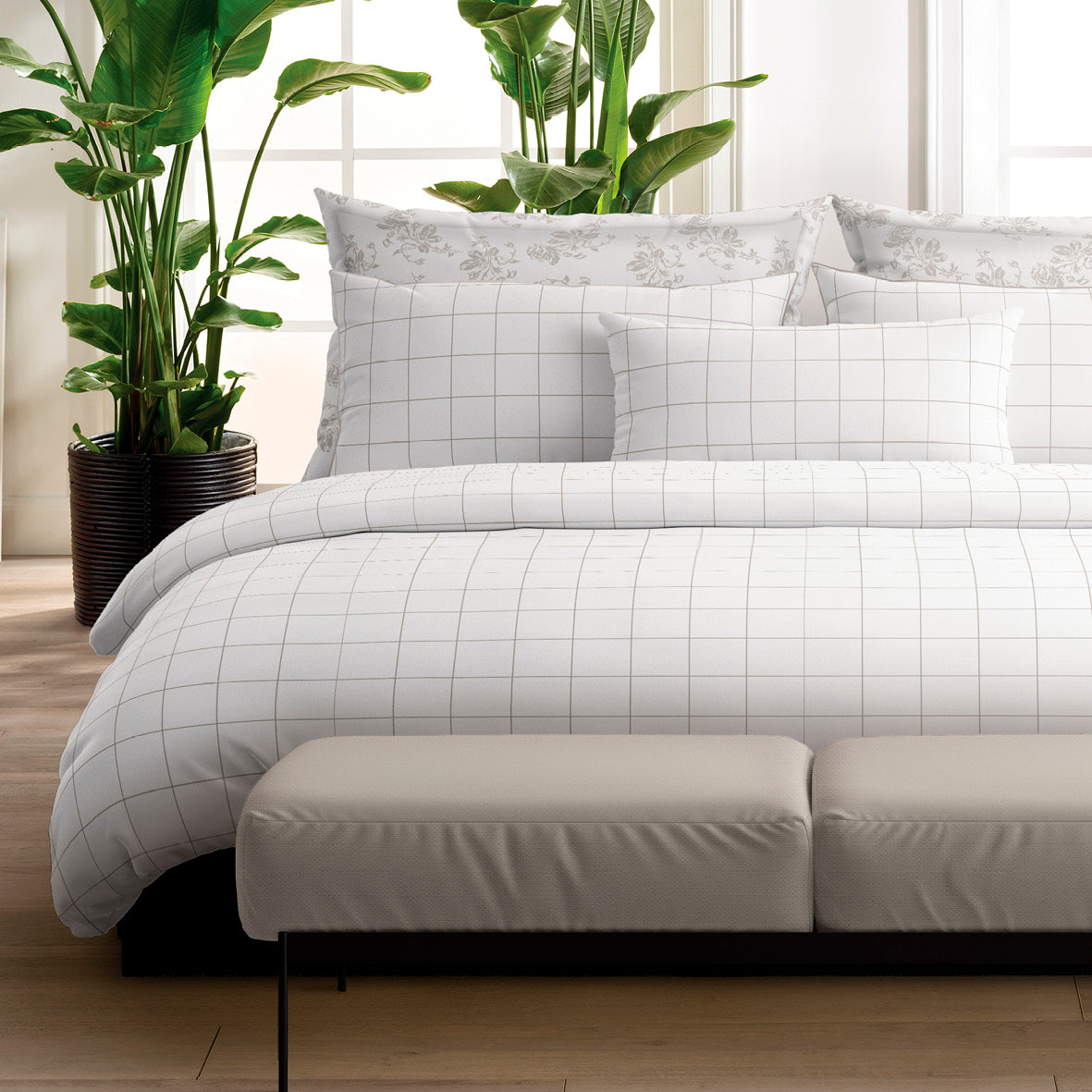 Duvet cover + pillowcase(s) cotton satin - Caren White / Taupe