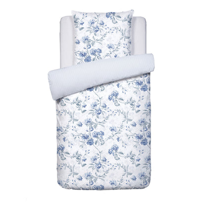 Housse de couette + taie(s) d'oreiller satin de coton - Fleurs azurées Blanc