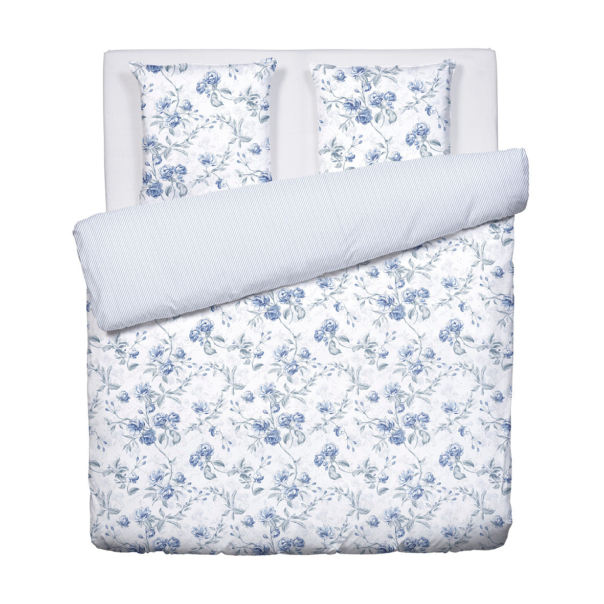 Housse de couette + taie(s) d'oreiller satin de coton - Fleurs azurées Blanc
