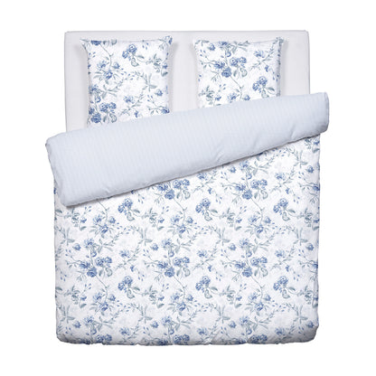 Housse de couette + taie(s) d'oreiller satin de coton - Fleurs azurées Blanc