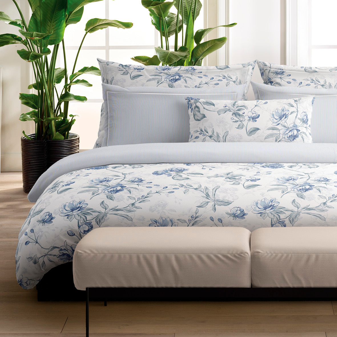 Pillowcase(s) cotton satin - Fleurs azurées White