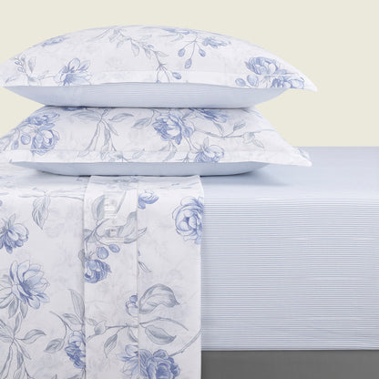 Fitted sheet cotton satin - Rayures fines Light blue