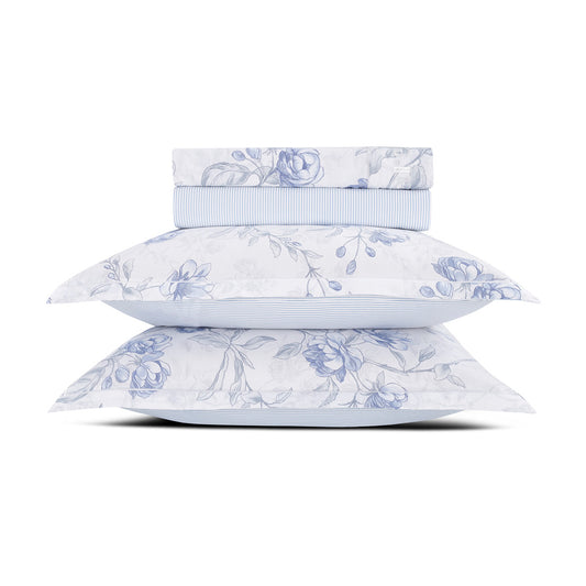 Sheet set cotton satin - Fleurs azurées White