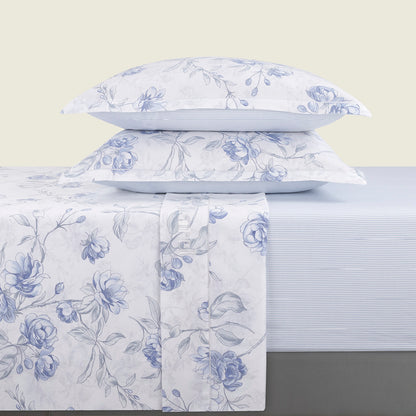Sheet set cotton satin - Fleurs azurées White