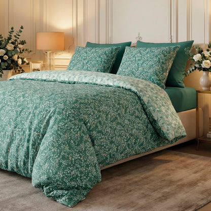Duvet cover + pillowcase cotton satin - Feuillage fleuri Dark green