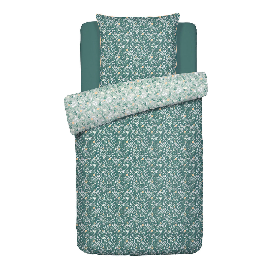 Duvet cover + pillowcase cotton satin - Feuillage fleuri Dark green 140 x 200 cm + 63 x 63 cm