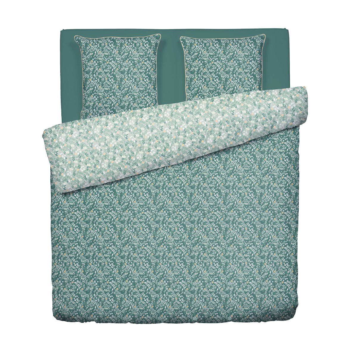 Duvet cover + pillowcase cotton satin - Feuillage fleuri Dark green
