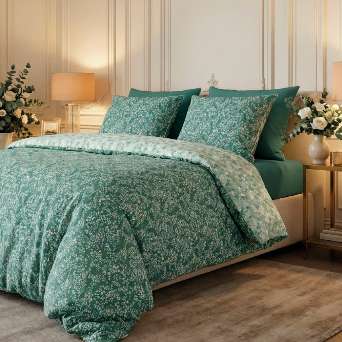 Pillowcase cotton satin - Feuillage fleuri Light green