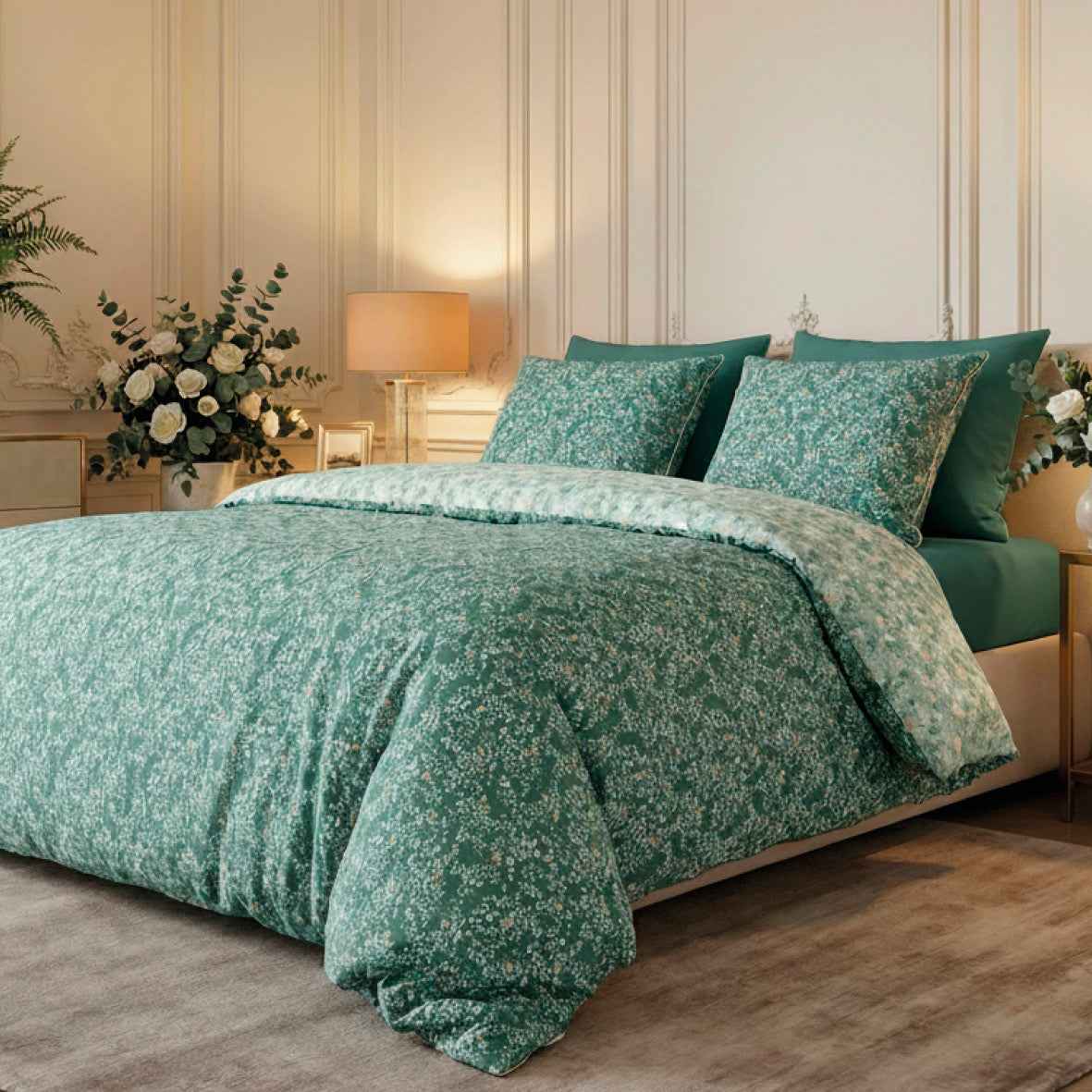 Flat sheet cotton satin - Feuillage fleuri Dark green