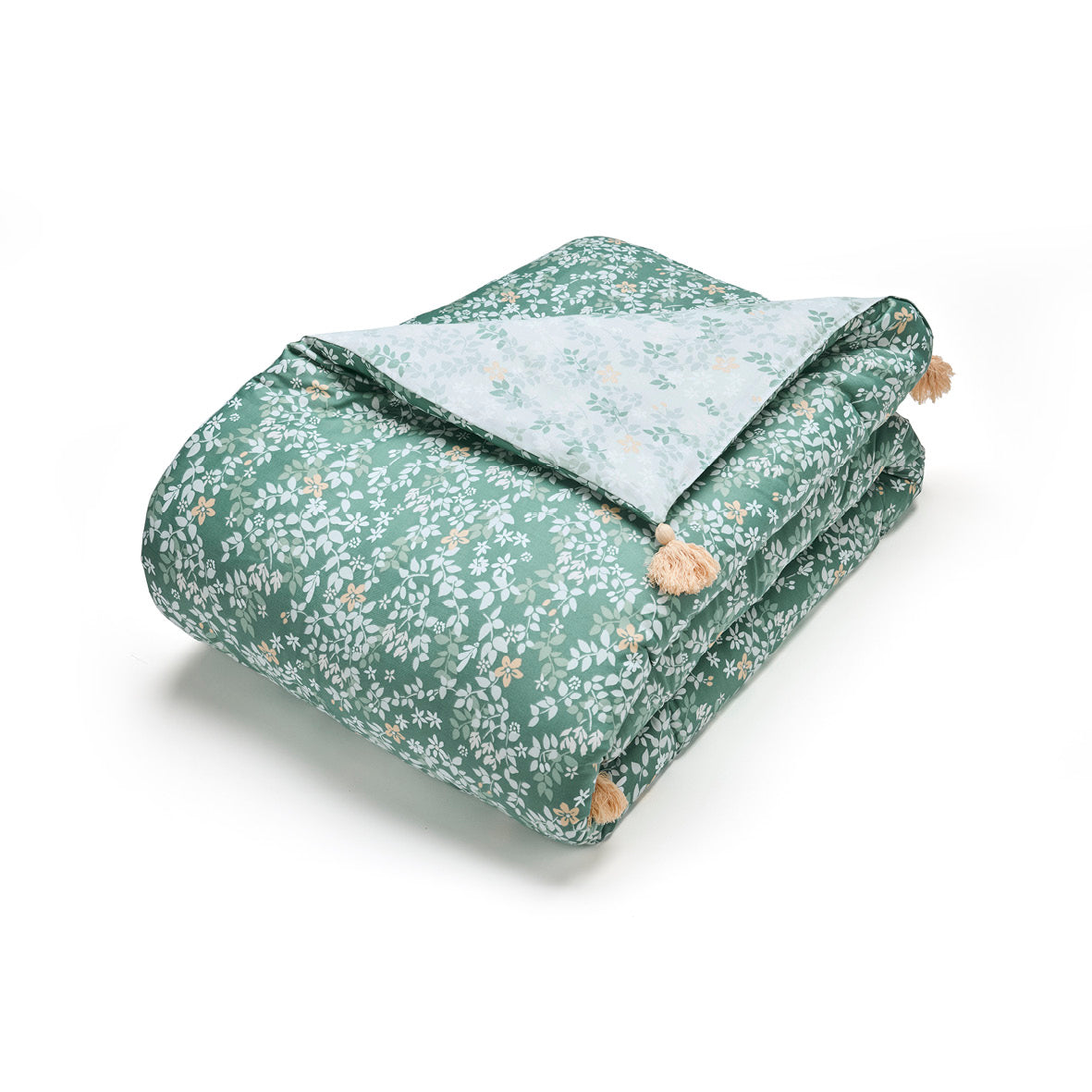 Quilt with tassels cotton satin - Feuillage fleuri Dark green - 140 x 200 cm