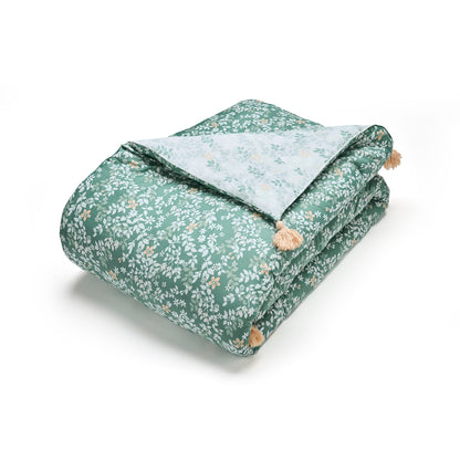 Quilt with tassels cotton satin - Feuillage fleuri Dark green - 140 x 200 cm
