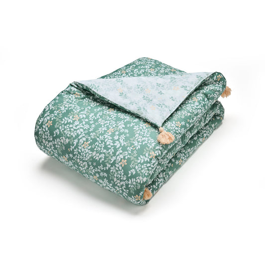 Quilt with tassels cotton satin - Feuillage fleuri Dark green - 140 x 200 cm