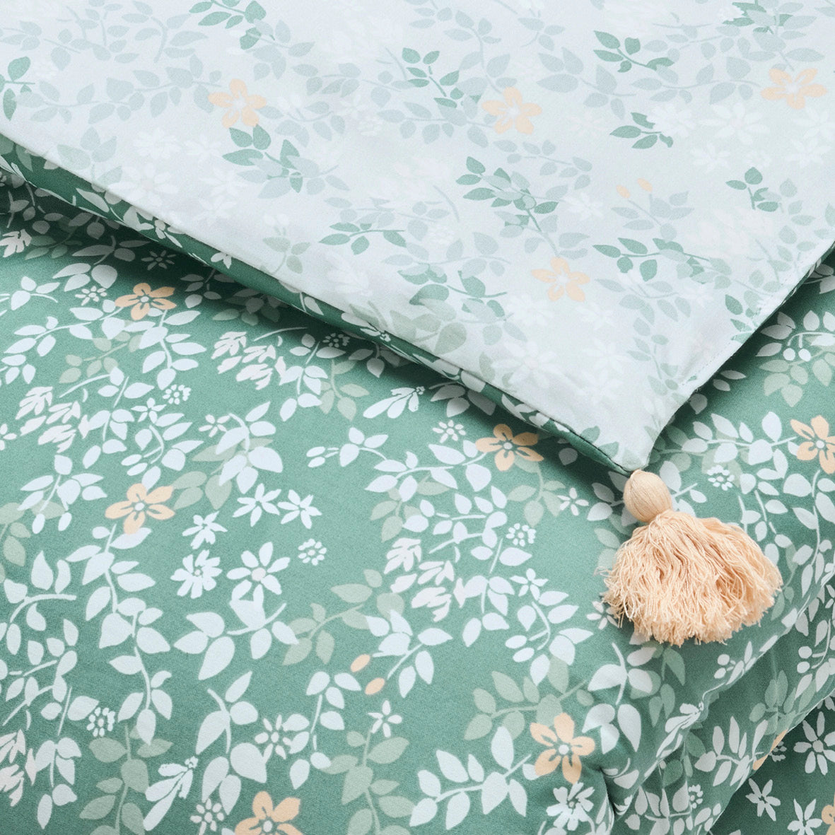 Quilt with tassels cotton satin - Feuillage fleuri Dark green - 140 x 200 cm