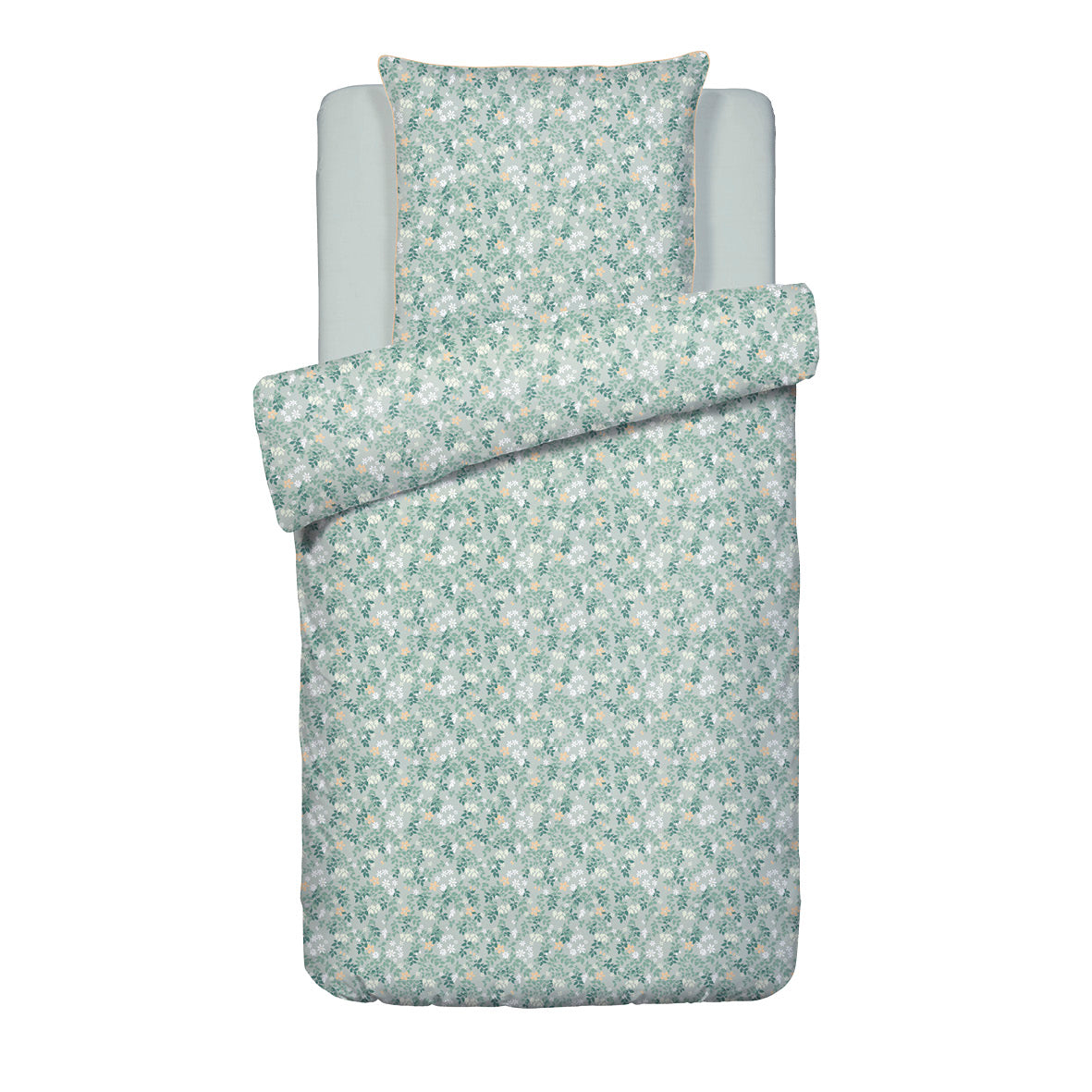 Duvet cover + pillowcase cotton satin - Feuillage fleuri Light green / Light green