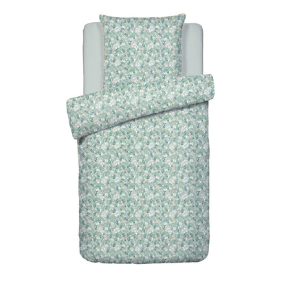 Duvet cover + pillowcase cotton satin - Feuillage fleuri Light green / Light green