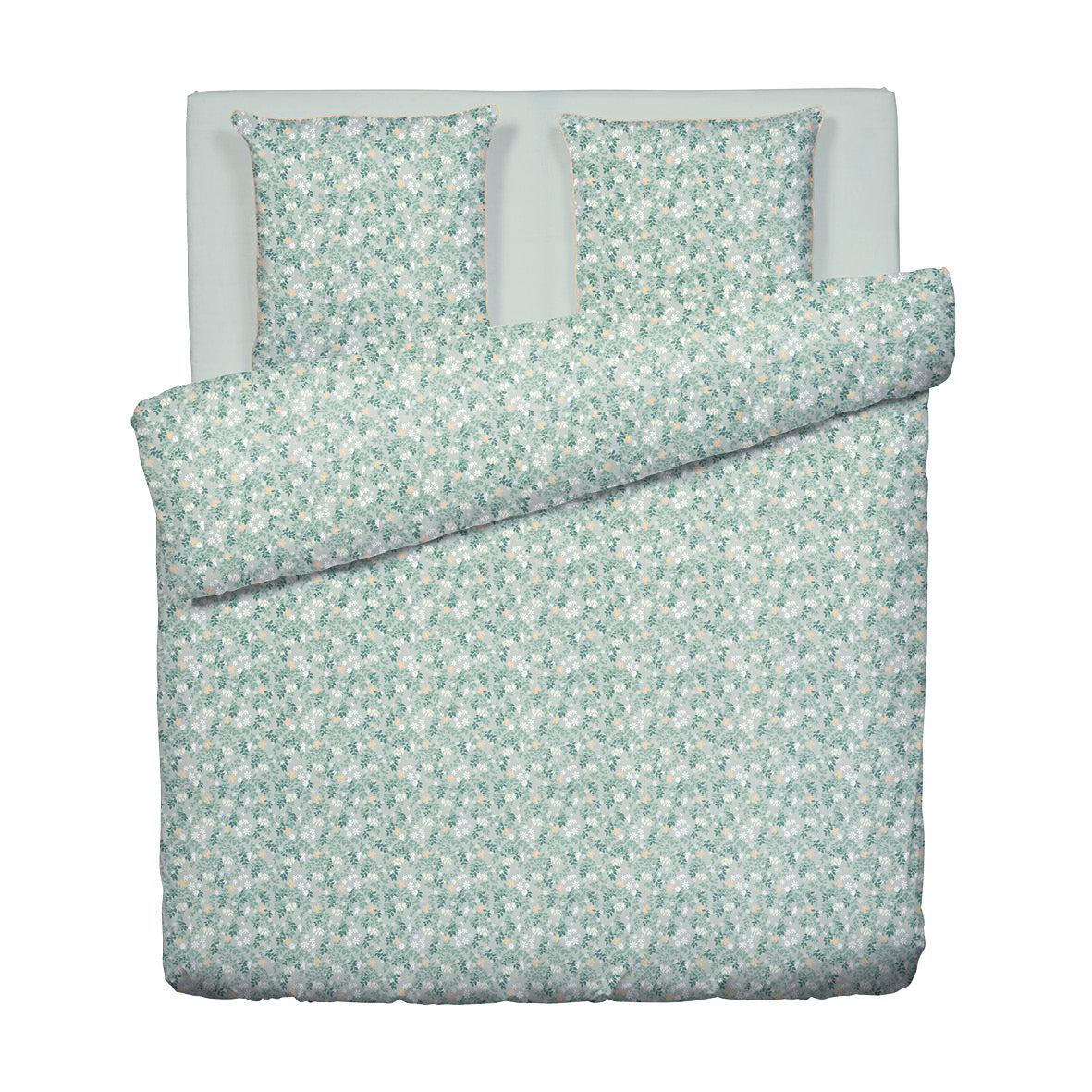 Duvet cover + pillowcase cotton satin - Feuillage fleuri Light green / Light green