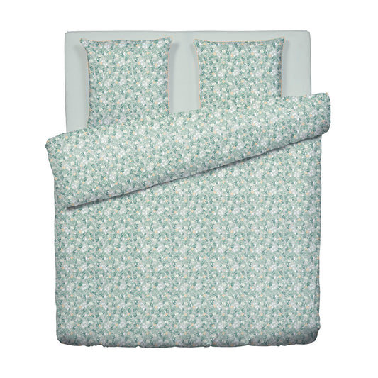 Duvet cover + pillowcase cotton satin - Feuillage fleuri Light green / Light green