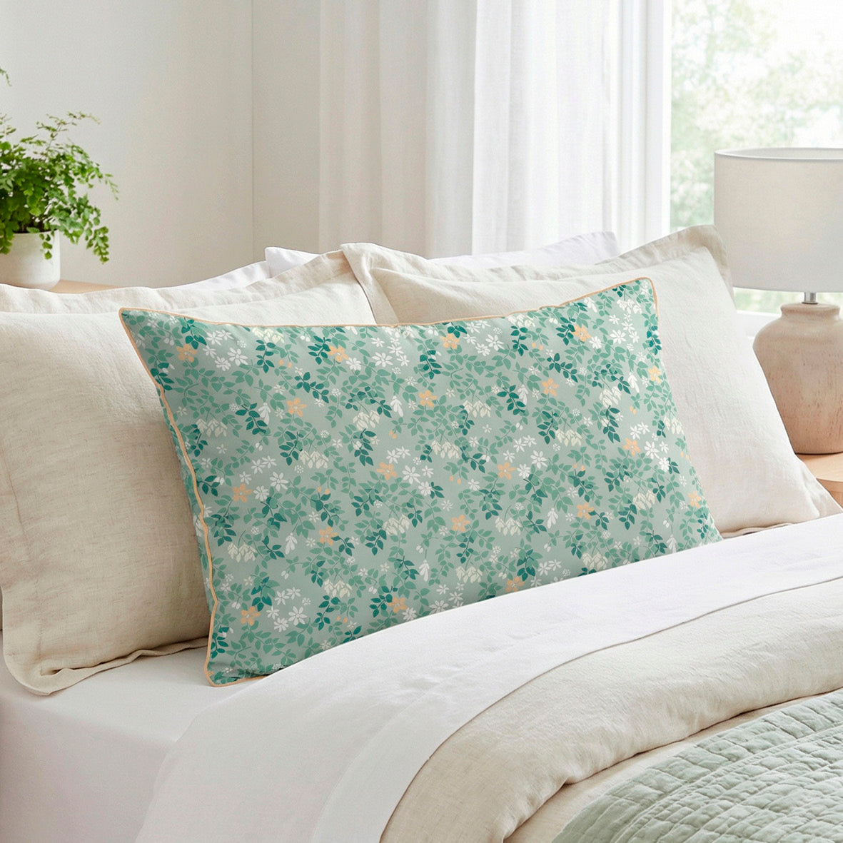 Pillowcase cotton satin - Feuillage fleuri Light green / Light green