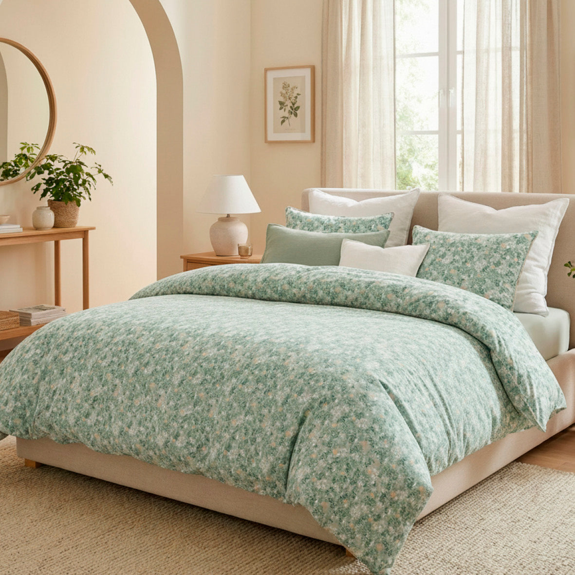 Flat sheet cotton satin - Feuillage fleuri Light green / Light green