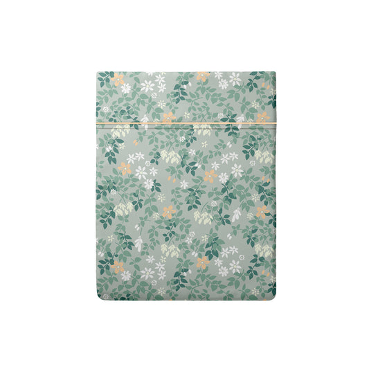 Flat sheet cotton satin - Feuillage fleuri Light green / Light green