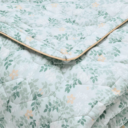 Bedspread cotton satin - Feuillage fleuri Light green / Light green