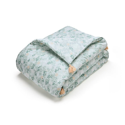 Quilt with tassels cotton satin - Feuillage fleuri Light green / Light green - 140 x 200 cm