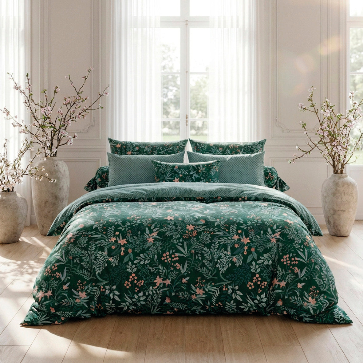 Bolster case cotton satin - Forêt enchantée Green