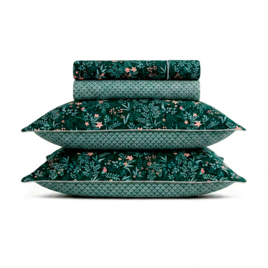 Sheet set cotton satin - Forêt enchantée Green