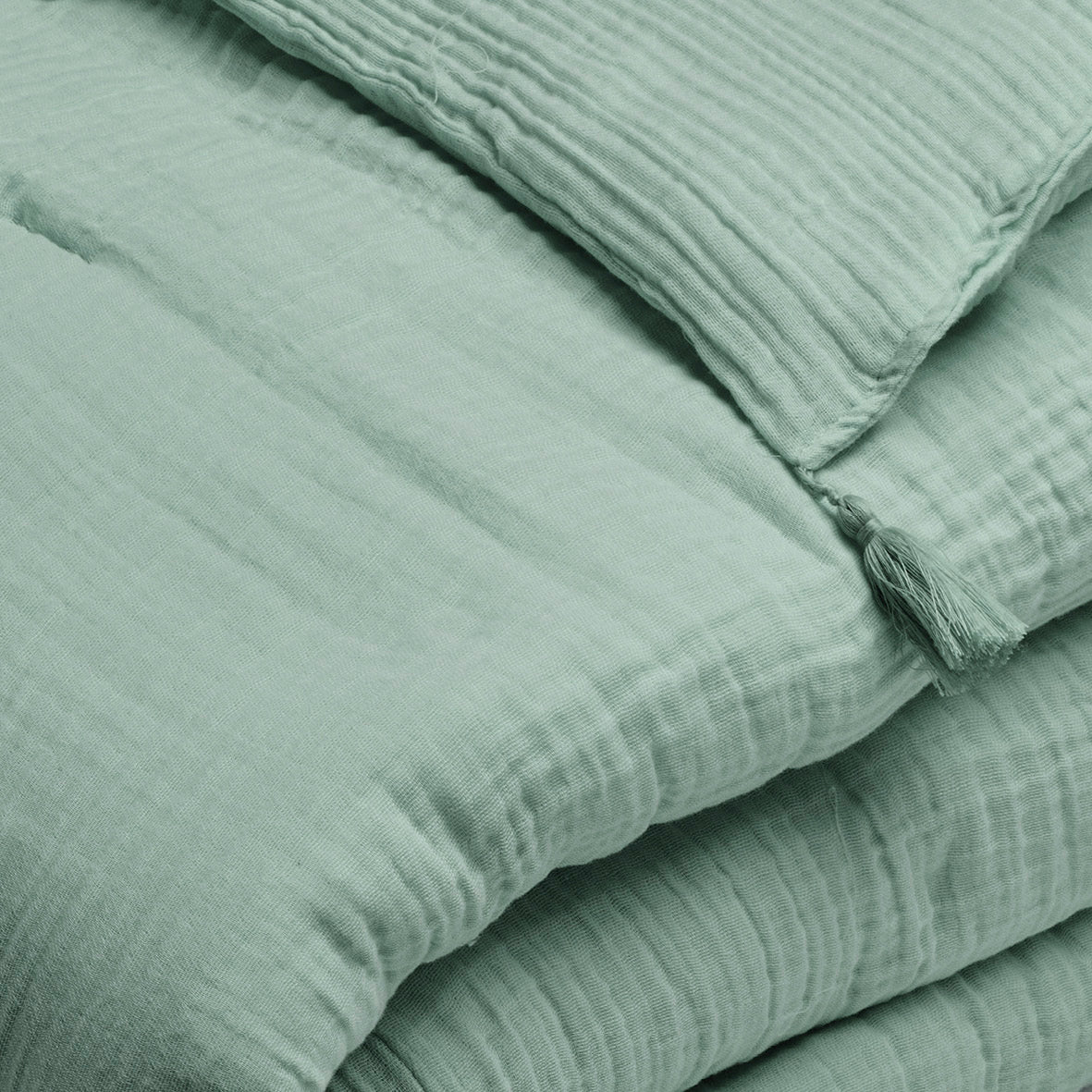 Quilt with tassels cotton gauze - Uni Green 12 - 140 x 200 cm