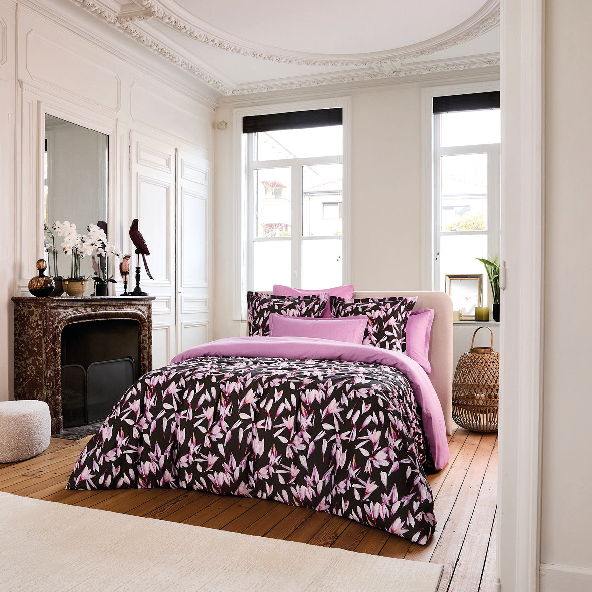 Duvet cover + pillowcase cotton satin - Nuit en fleurs Black