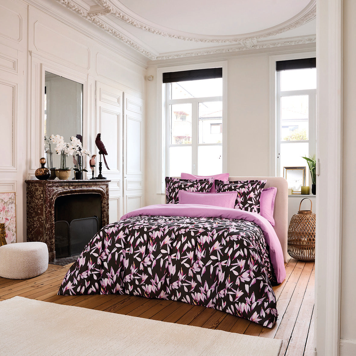 Pillowcase cotton satin - Nuit en fleurs Black