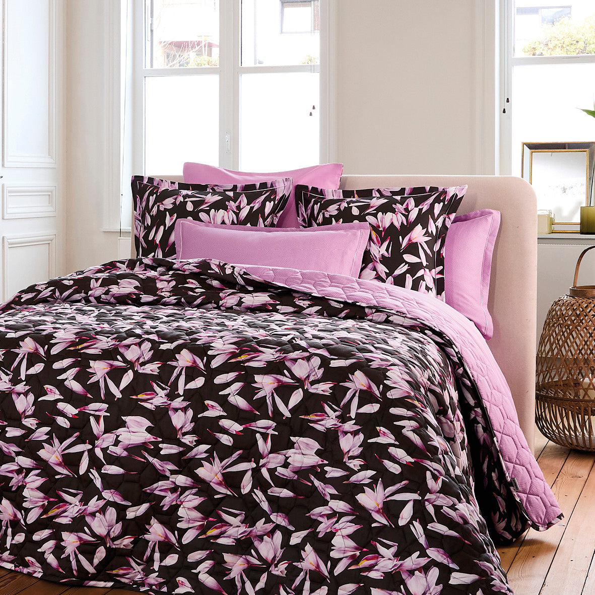 Bedspread cotton satin - Nuit en fleurs Black - 220 x 250 cm