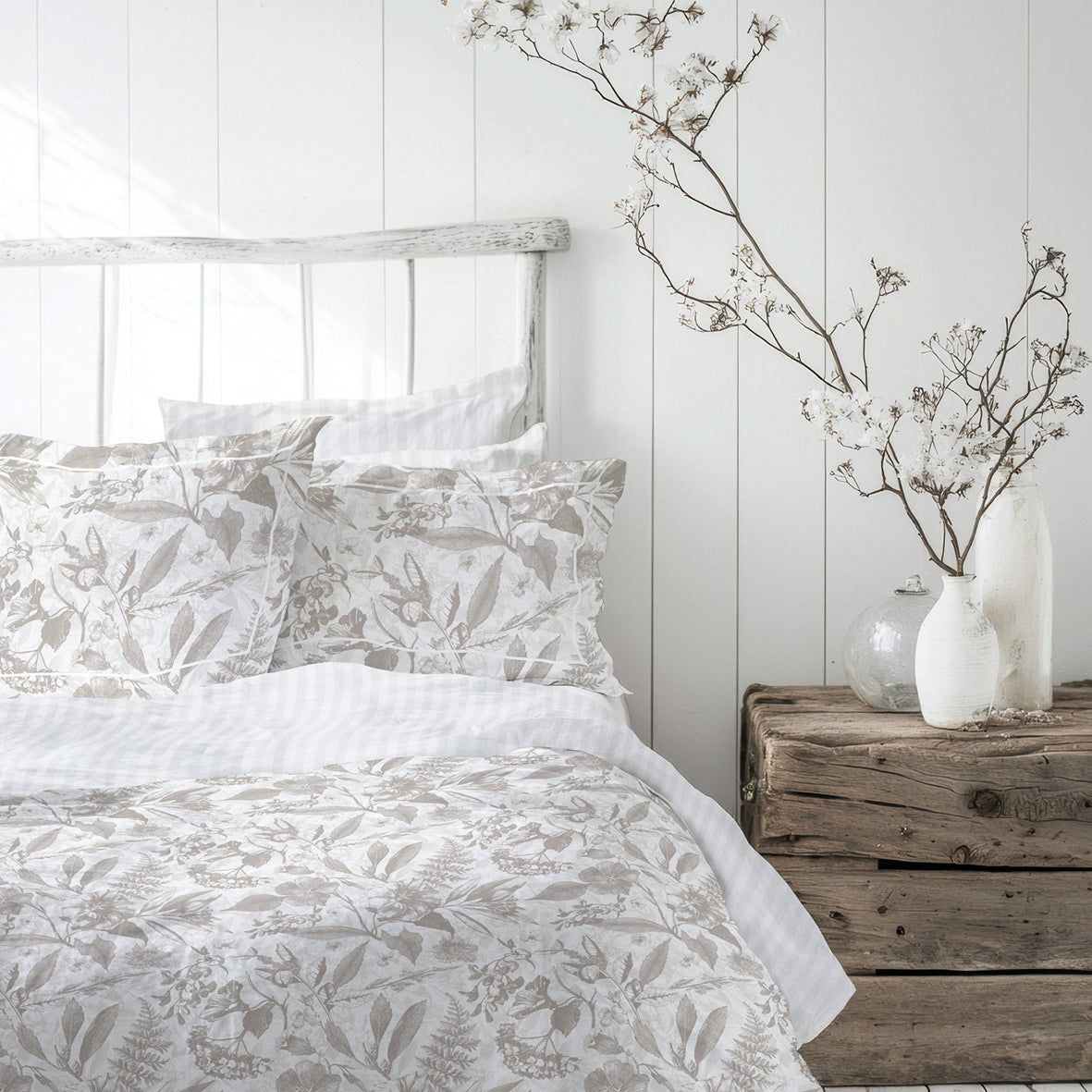 Housse de couette + taie d'oreiller satin de coton - Toile de jouy Blanc