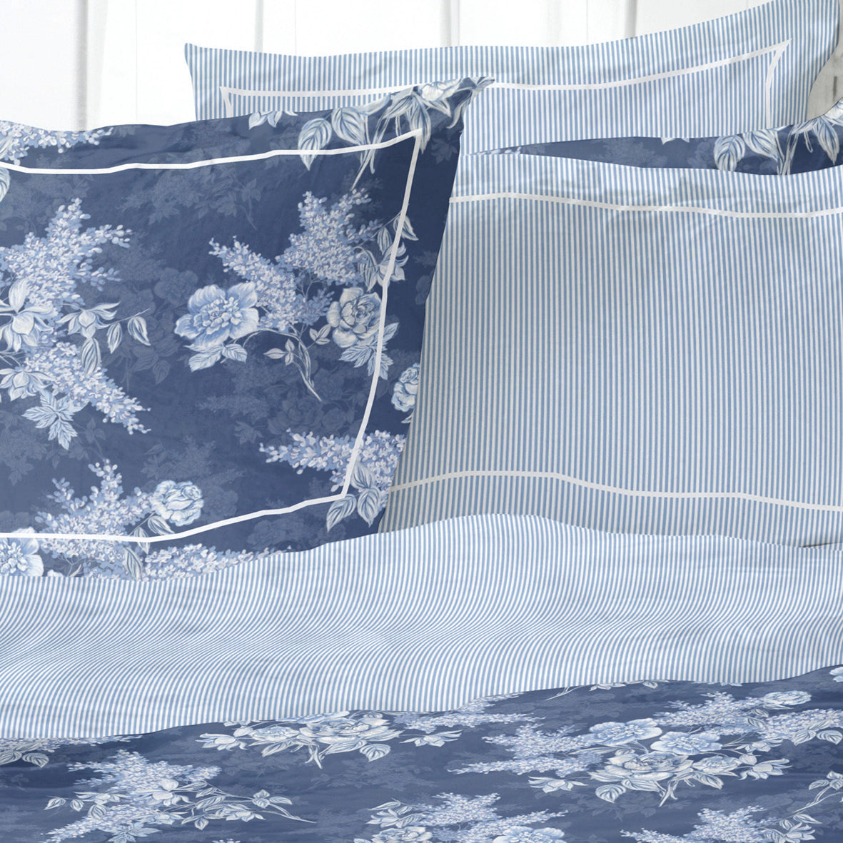 Pillowcase cotton satin - Lignes naturelles White / Light blue