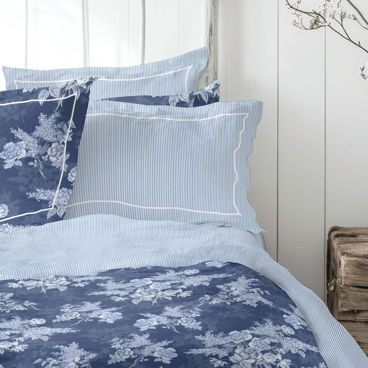 Flat sheet cotton satin - Lignes naturelles White / Light blue