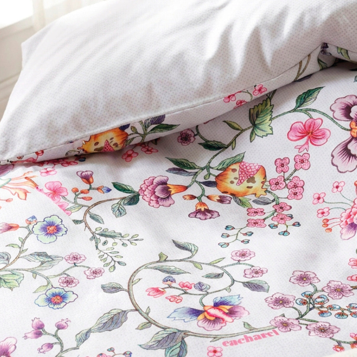 Duvet cover + pillowcase cotton satin - Jardin secret White