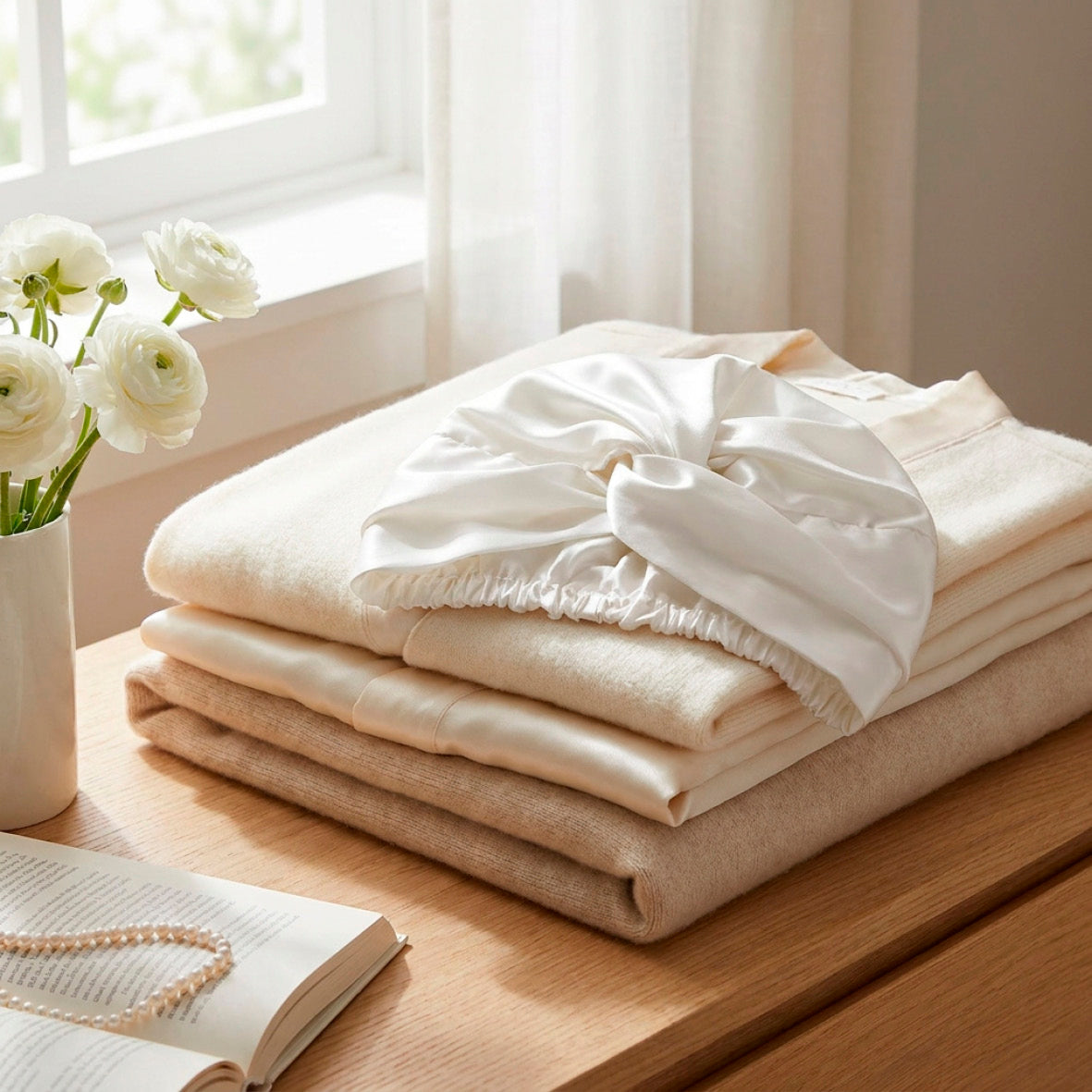 Pillowcase + nightcap silk - Lunéia White