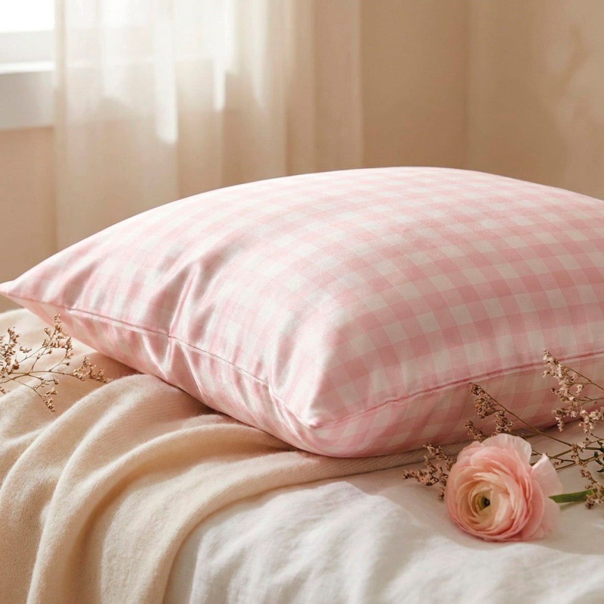 Pillowcase silk - Lunéia Pink gingham