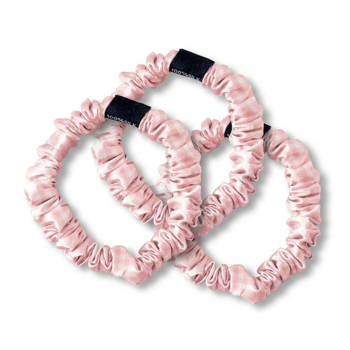 Set of 3 skinny scrunchies silk - Aflora Pink gingham D 6 cm