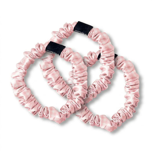Set of 3 skinny scrunchies silk - Aflora Pink gingham D 6 cm