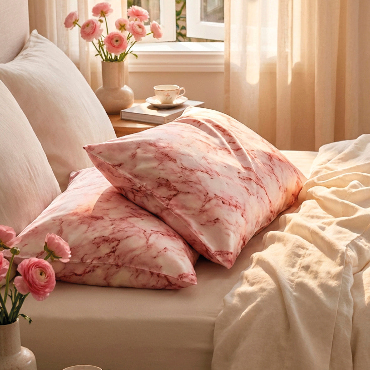 Pillowcase silk - Lunéia Pink marble