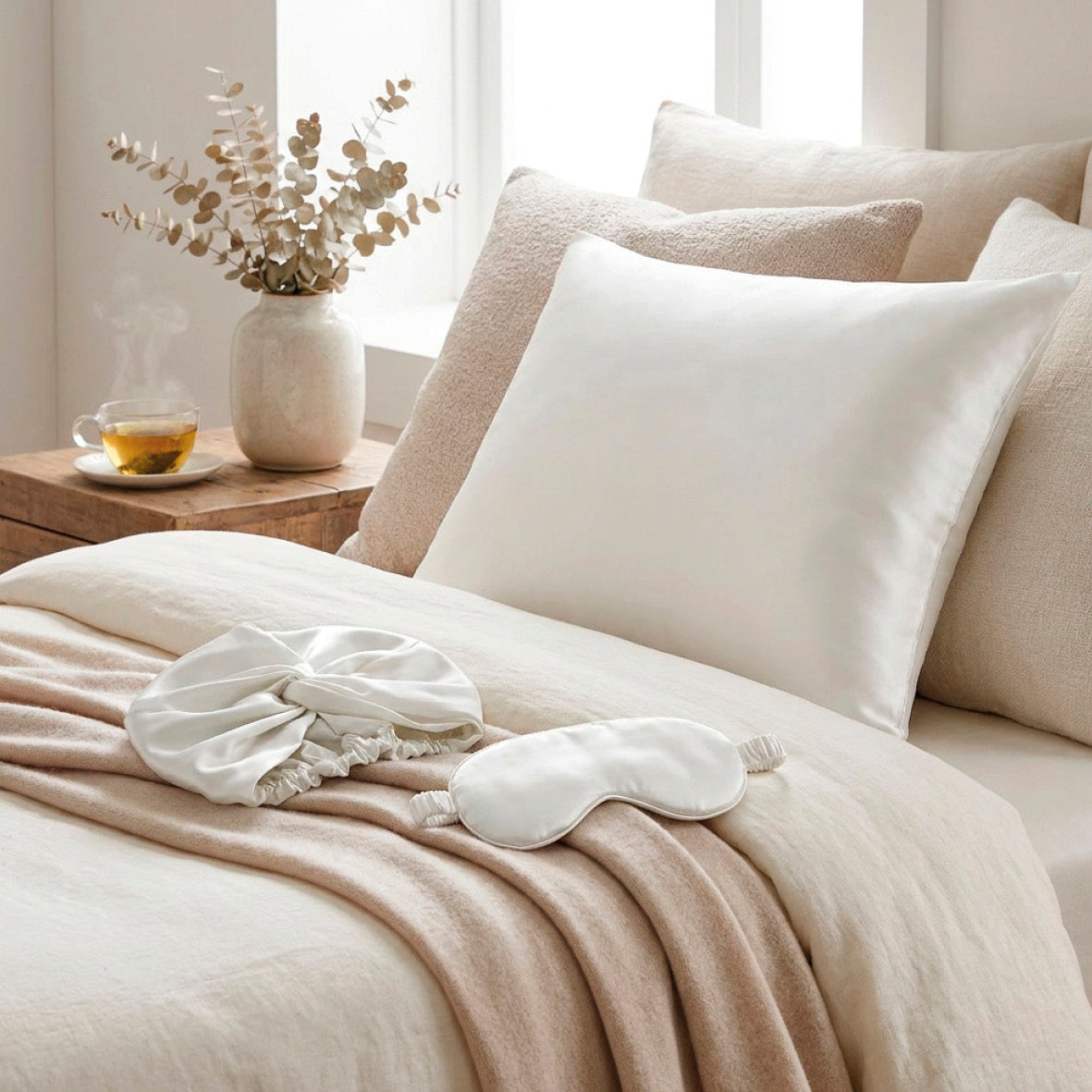 Pillowcase + eyemask + nightcap silk - Lunéia White