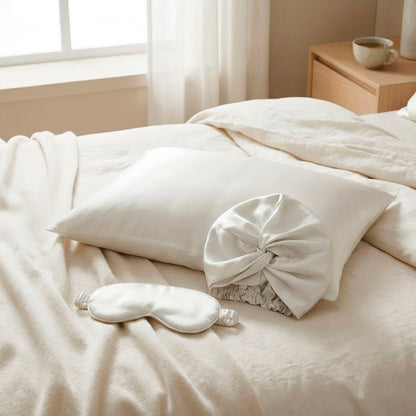 Pillowcase + eyemask + nightcap silk - Lunéia White