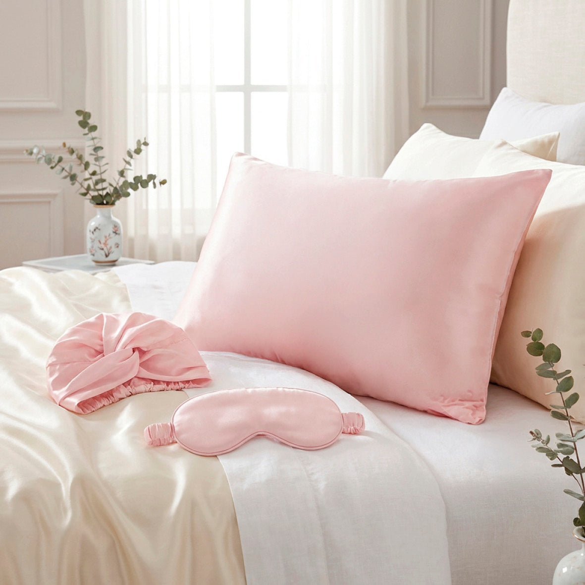 Pillowcase + eyemask + nightcap silk - Lunéia Light pink
