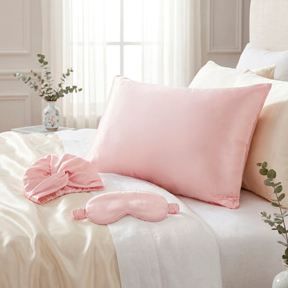 Pillowcase + eyemask + nightcap silk - Lunéia Light pink